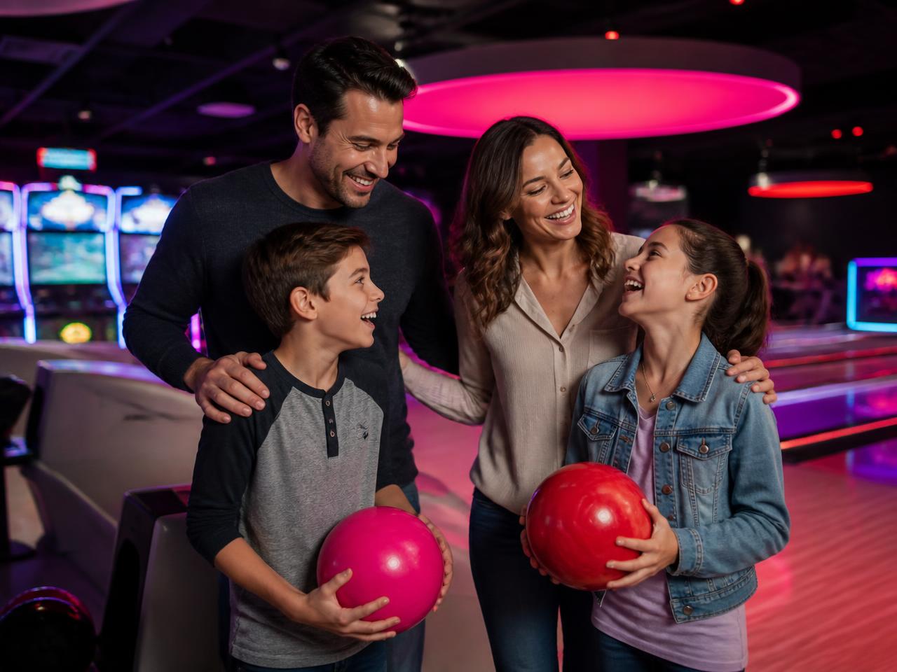 Family laughing together at a bowling and arcade family entertainment center