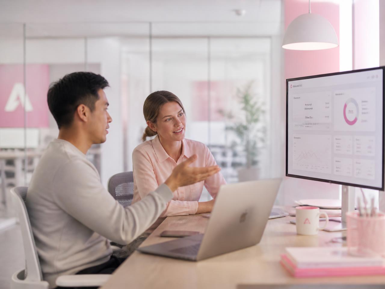 Two colleagues reviewing a support dashboard in a modern software office