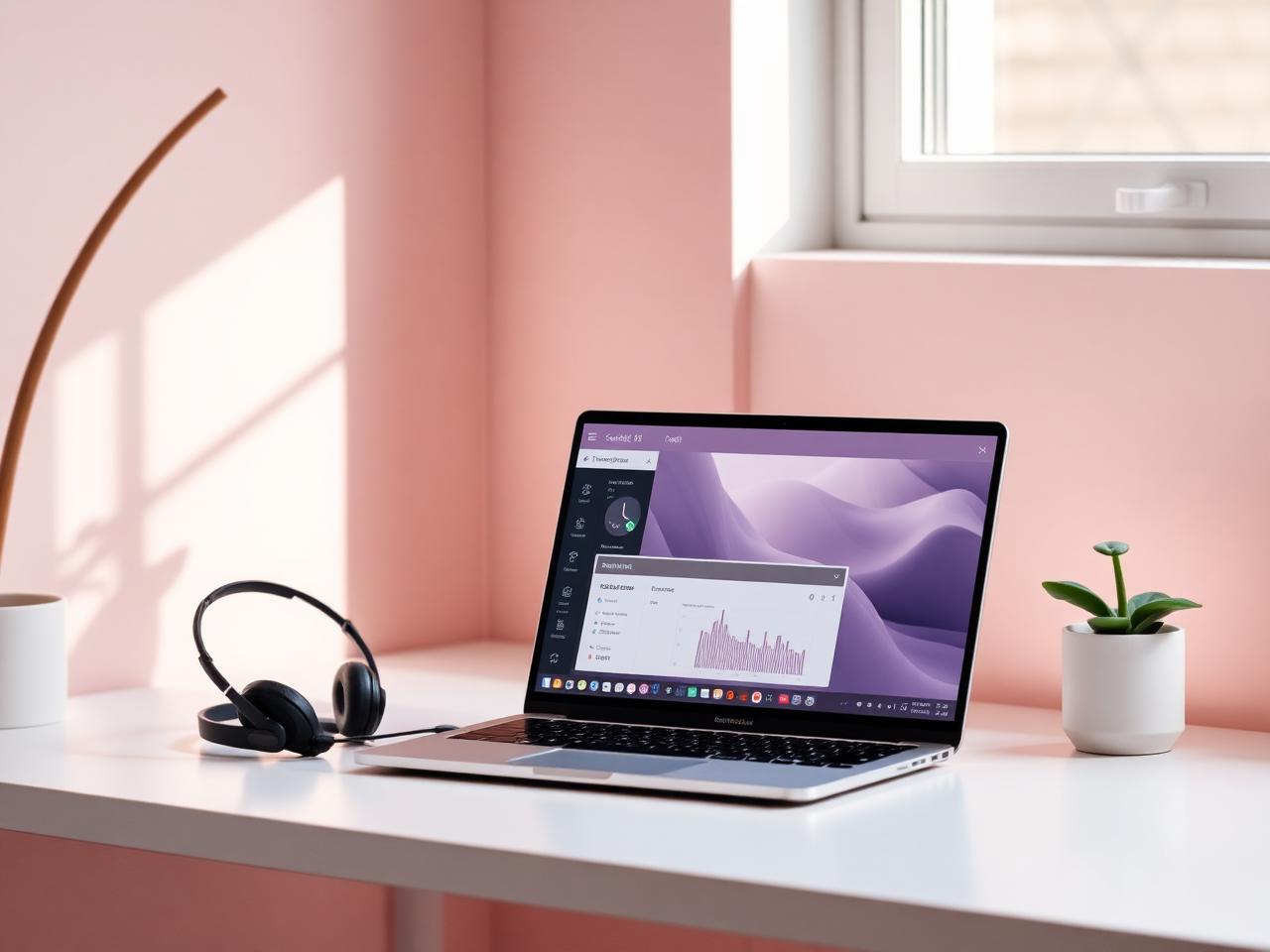 Modern minimalist SaaS support desk with headset and laptop