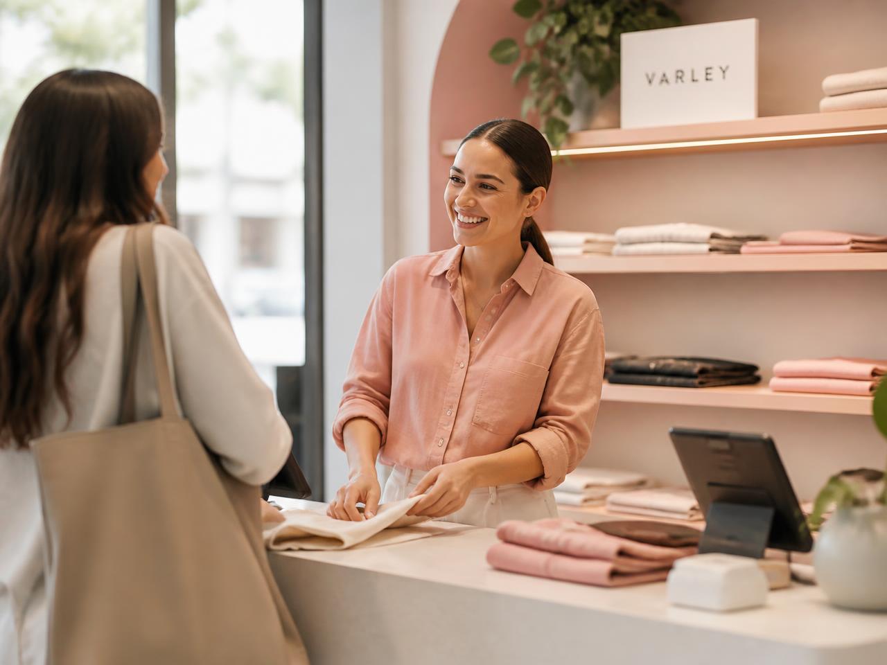 Retail associate helping a customer at the counter of a bright modern store